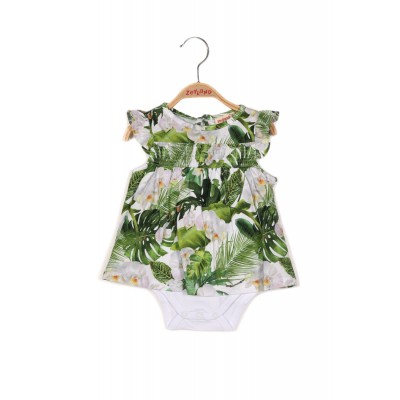 Baby Girl Leaf Print Shirred Elastic Bodysuit